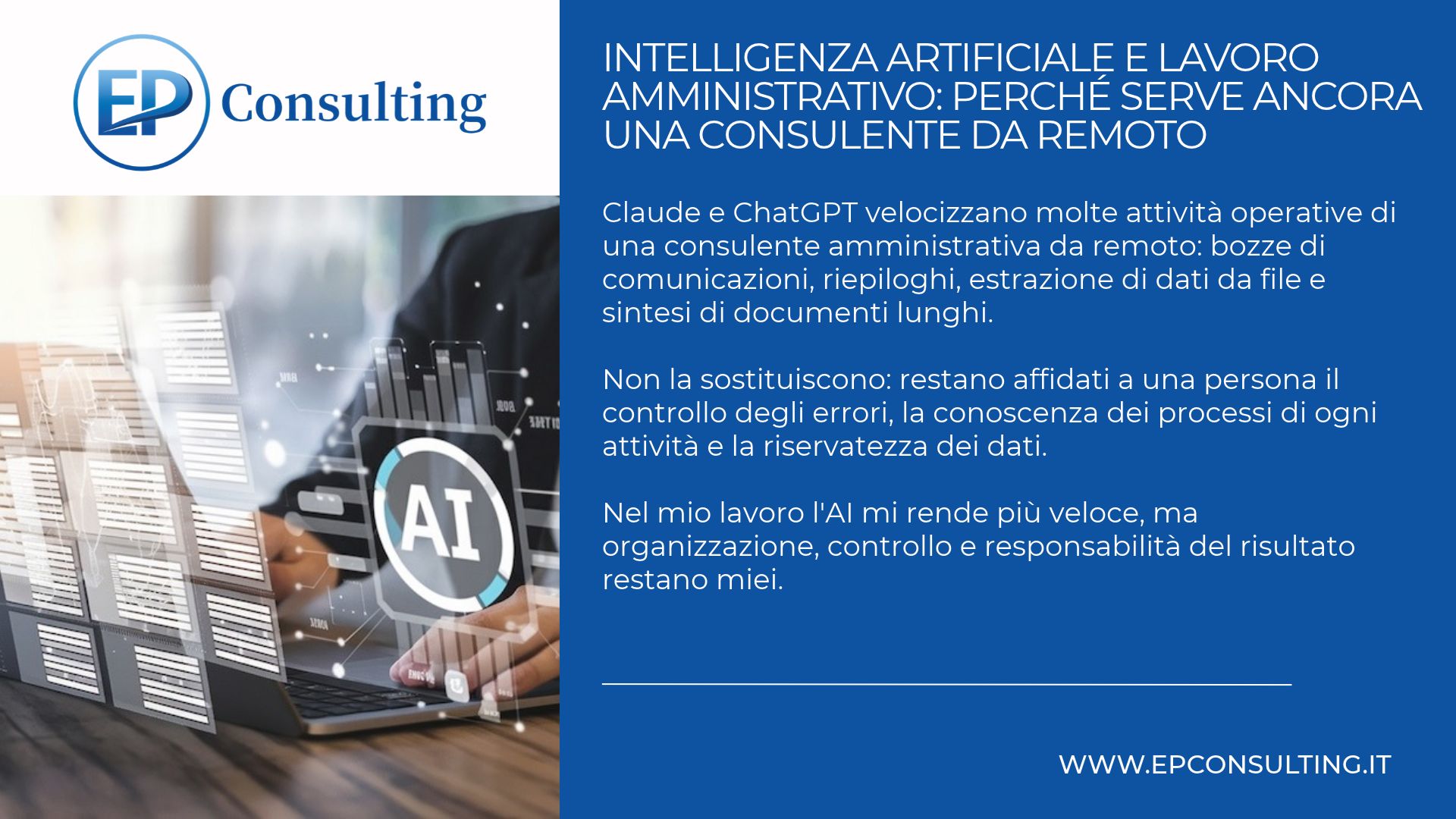 EP Consulting Consulente da remoto che usa l'intelligenza artificiale nel lavoro amministrativo e ne controlla i risultati